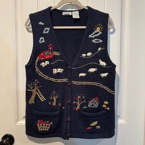 Capacity Vintage Navy Sweater Vest with Farm and Sheep Embroidery Size Medium